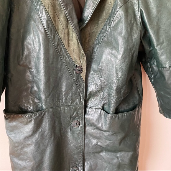 Vintage Green Genuine Leather Trench Coat with Triangle Pattern - Picture 6 of 16